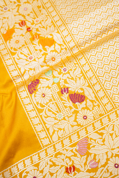 Pure Katan Silk Kadwa Bel Banarasi Saree in Marigold Yellow