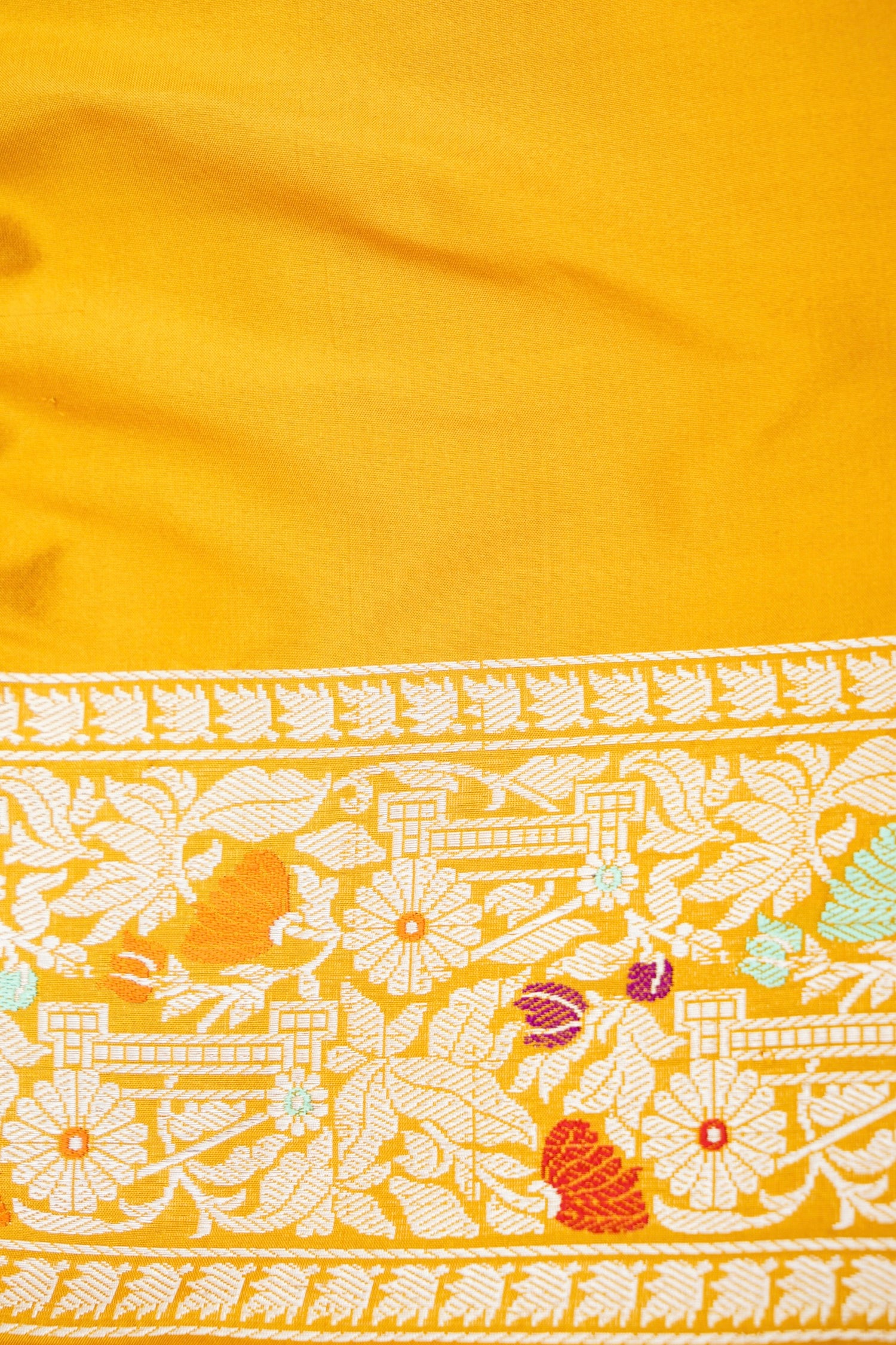 Pure Katan Silk Kadwa Bel Banarasi Saree in Marigold Yellow