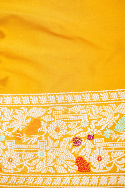 Pure Katan Silk Kadwa Bel Banarasi Saree in Marigold Yellow