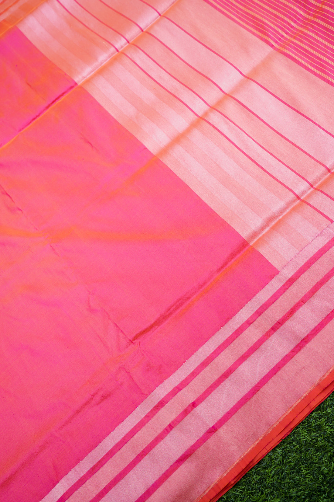 Pure Katan Silk Salaidar Zari Stripe Banarasi Saree in Hot Pink