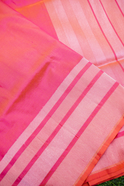 Pure Katan Silk Salaidar Zari Stripe Banarasi Saree in Hot Pink