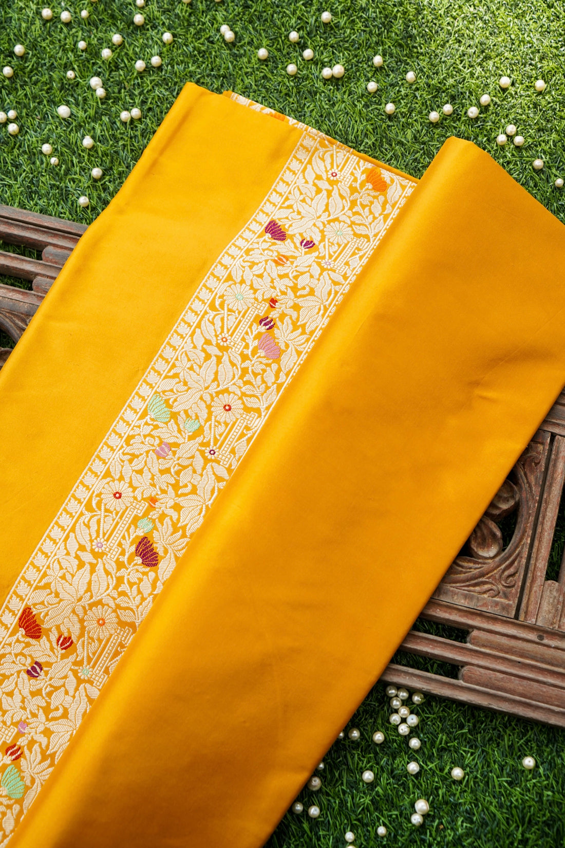 Pure Katan Silk Kadwa Bel Banarasi Saree in Marigold Yellow