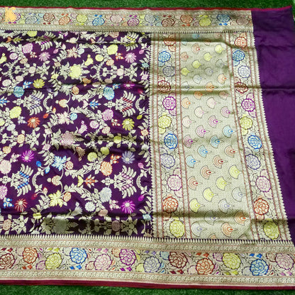 Banarasi Katan Silk Kadwa Jangla Meenakari Handwoven Saree in Deep Purple