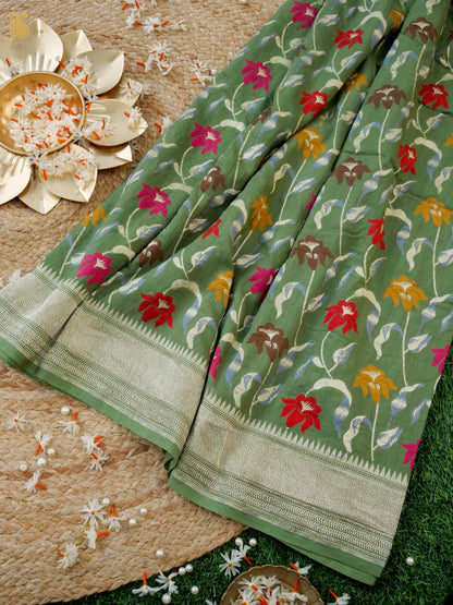 Khinkhwab Banarasi Tussar Georgette Meenakari cutwork saree in sage green