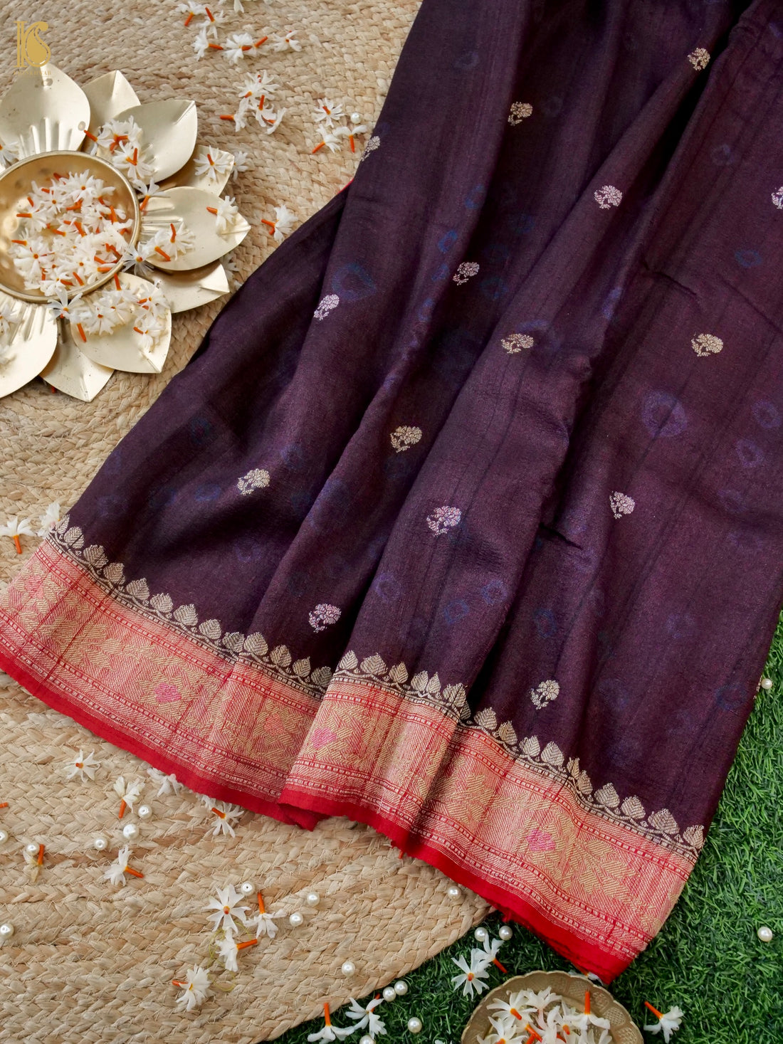 Khinkhwab handwoven Banarasi Tussar silk booti saree in aubergine with intricate motifs