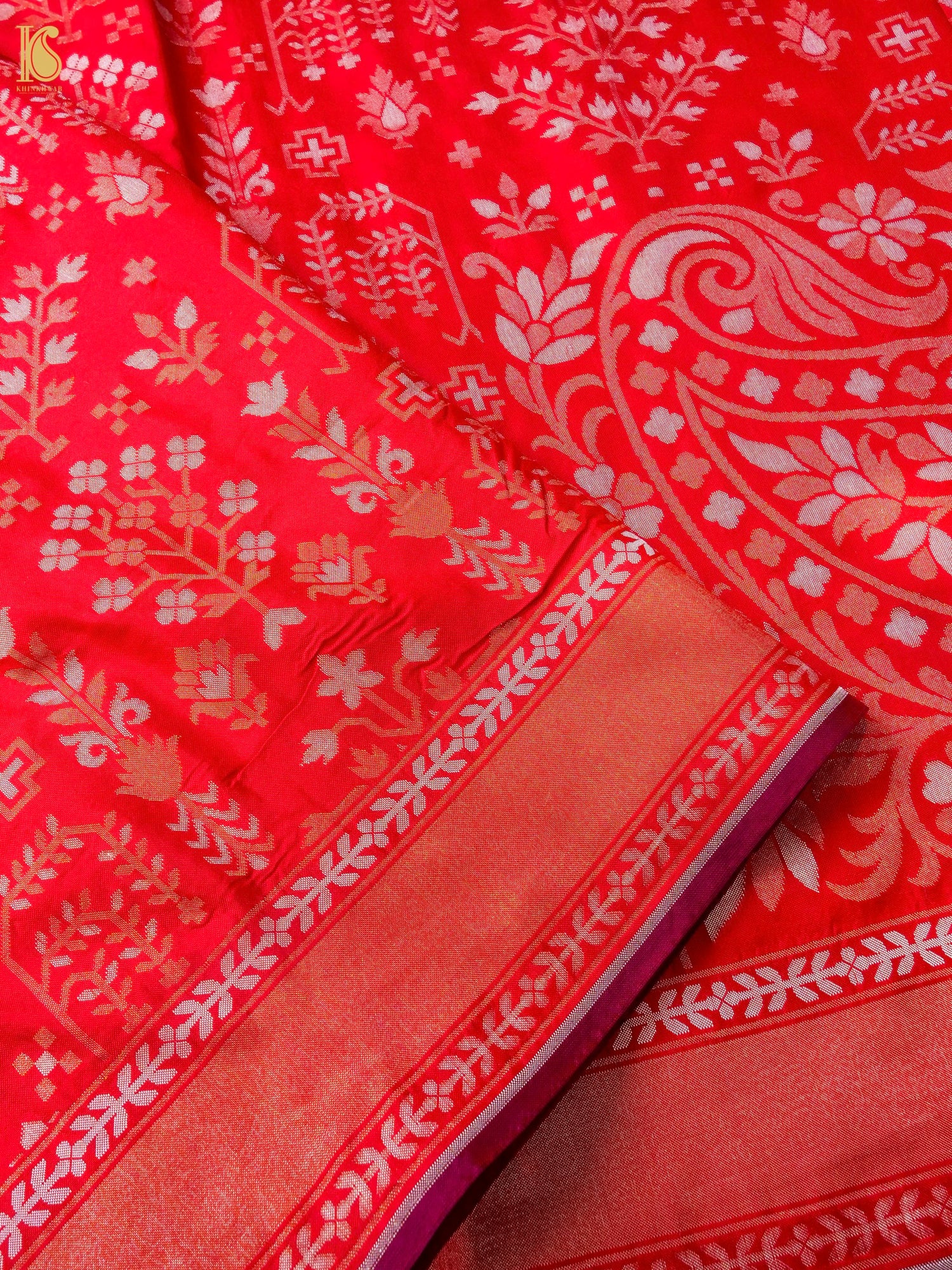 Banarasi Katan Silk Jamdani Saree in Tomato Red