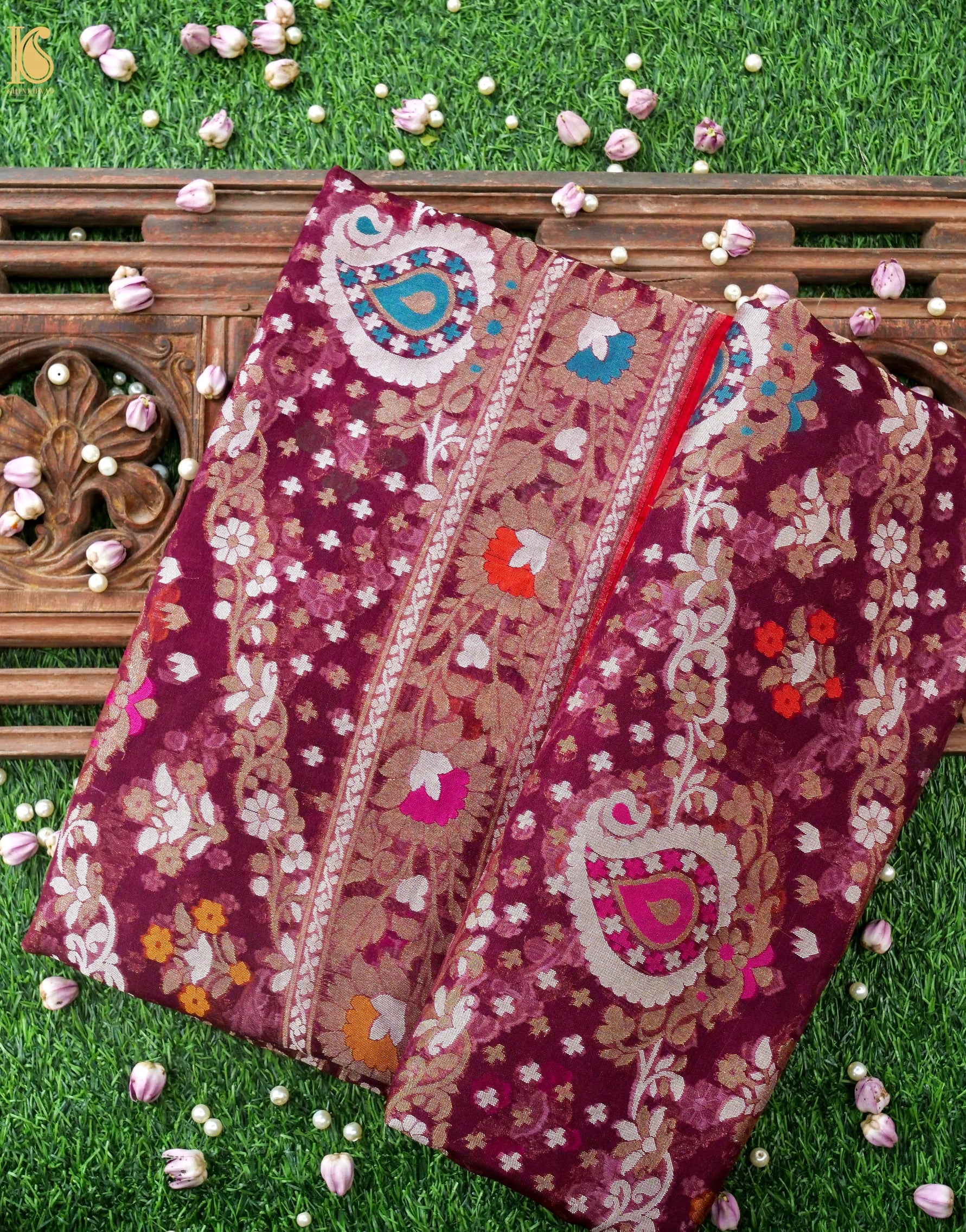 Banarasi Kora Silk Jamdani Saree in Wine Maroon