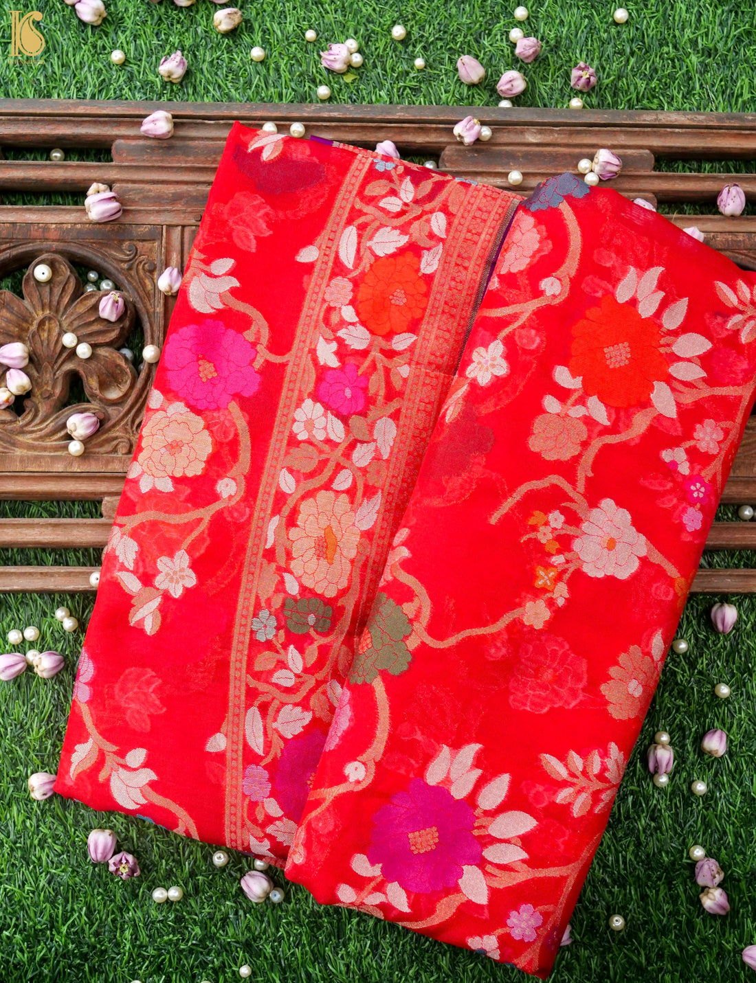 Banarasi Kora Silk Jamdani Saree in Tomato Red