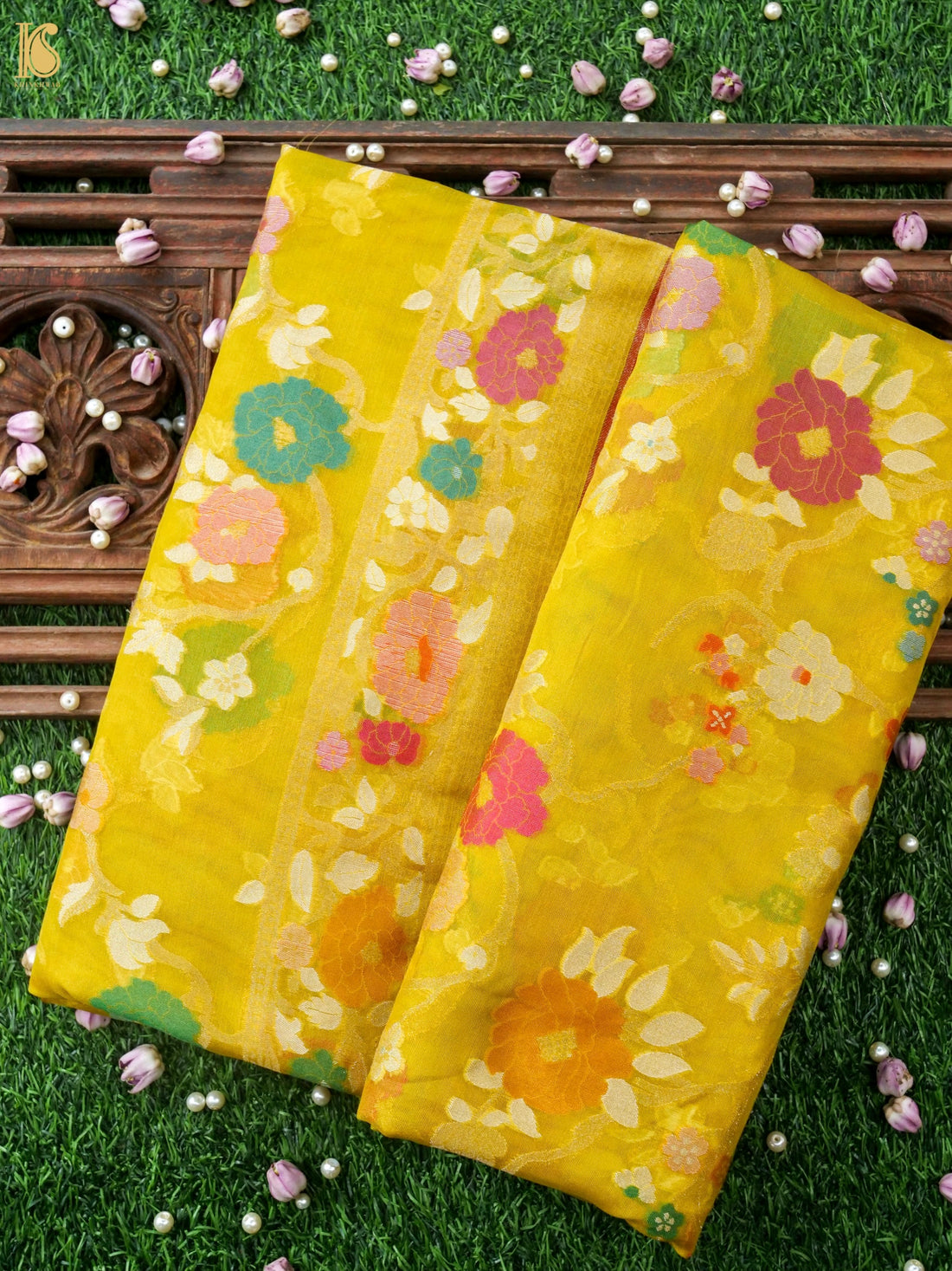 Banarasi Kora Silk Jamdani Saree in Mustard Yellow