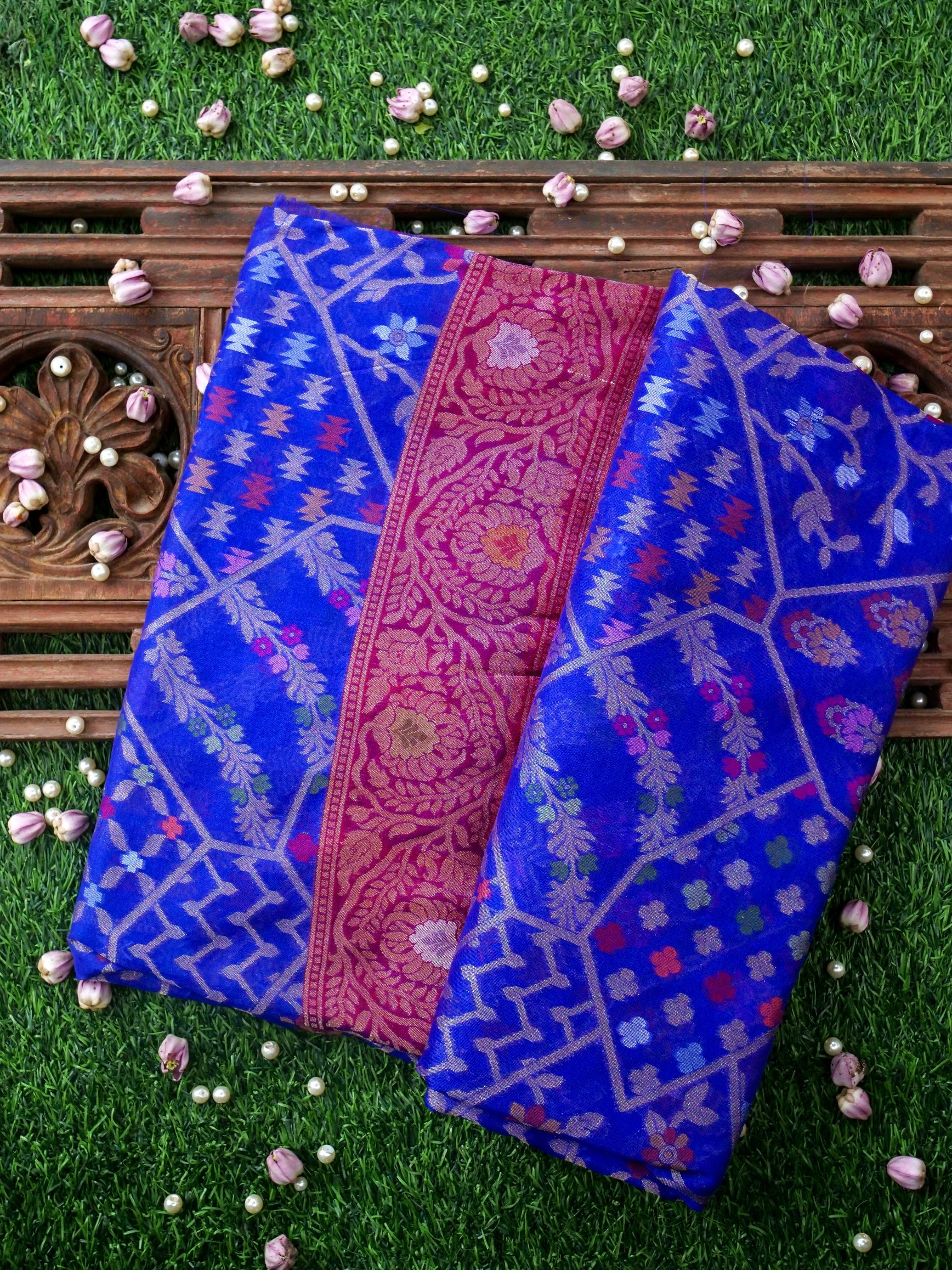 Banarasi Kora Silk Jamdani Saree in Cobalt Blue