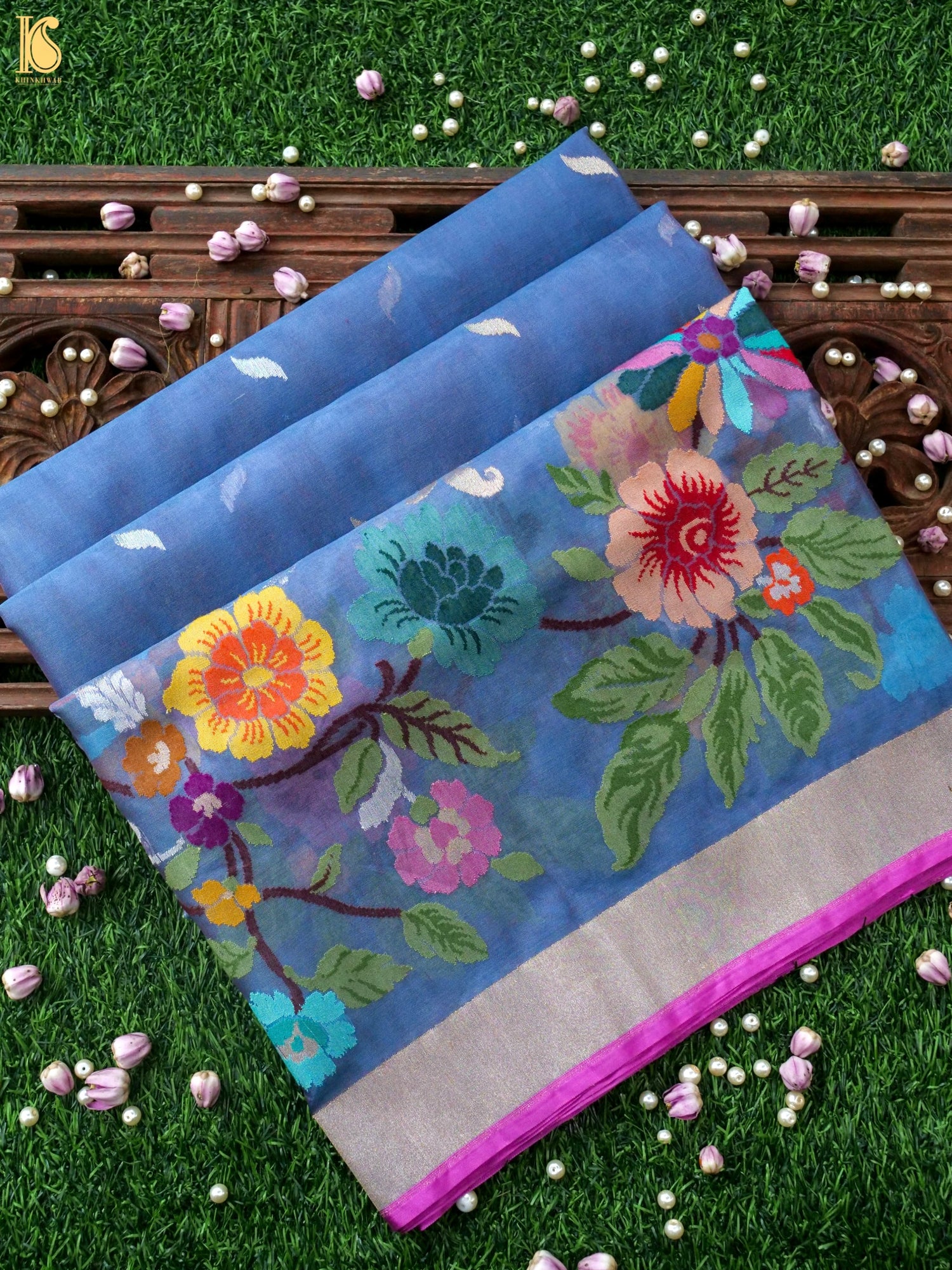 Banarasi Kora Silk Ektara Jamdani Saree in Steel Blue