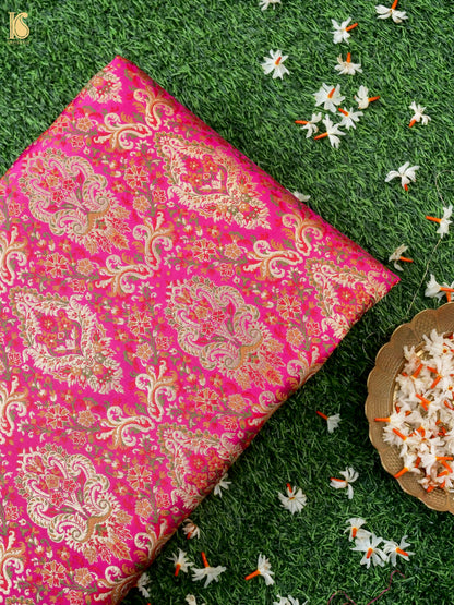 Khinkhwab Katan silk Banarasi pure Kinkhab brocade fabric in magenta with multicolour Meenakari pattern