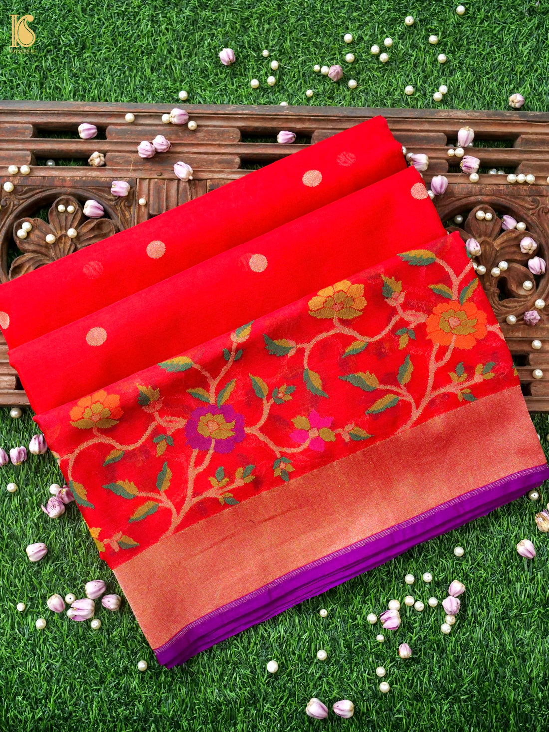 Banarasi Kora Silk Ektara Jamdani Saree in Tomato Red