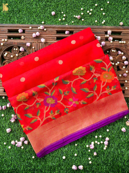 Banarasi Kora Silk Ektara Jamdani Saree in Tomato Red