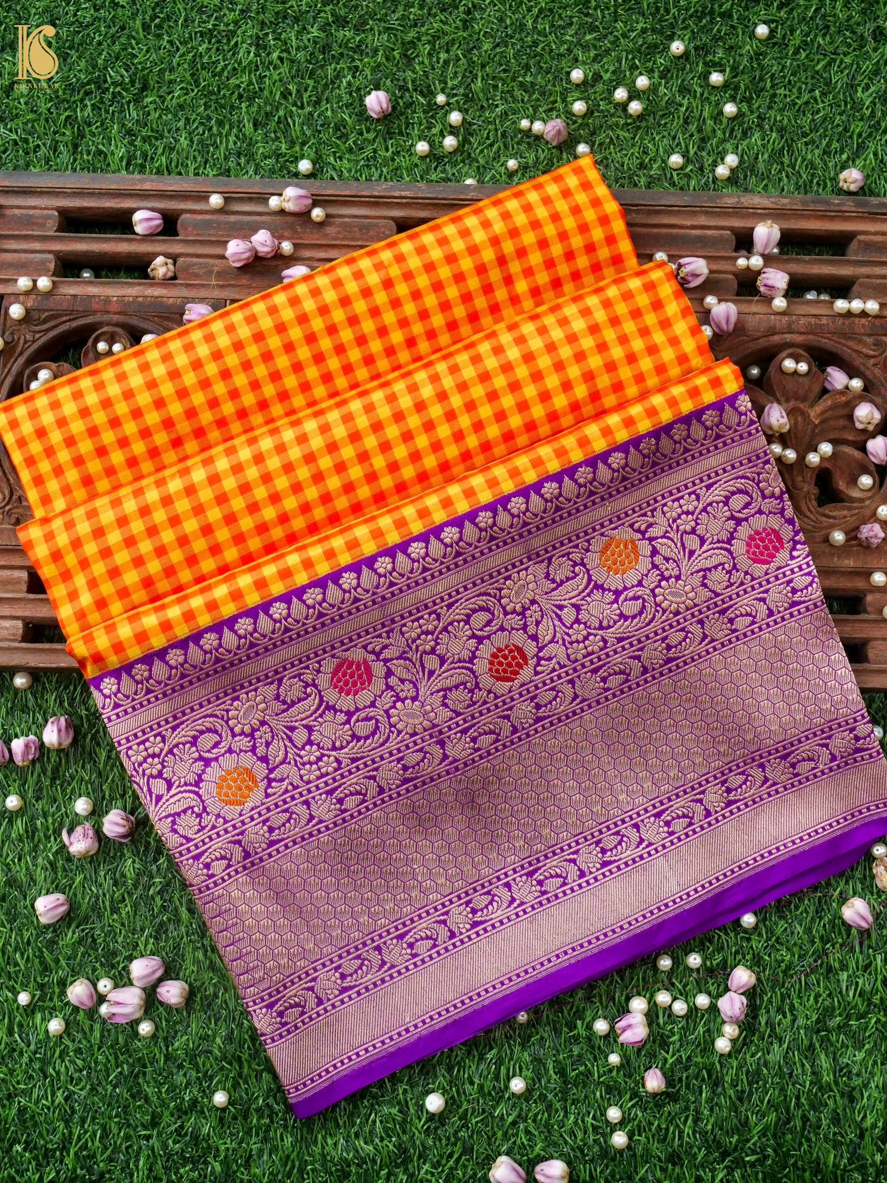Pure Katan Silk Kadiyal Charkhana Meenakari Border Banarasi Saree in Yellow Orange
