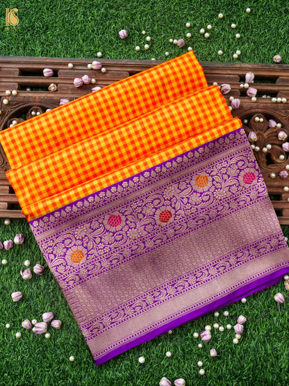 Pure Katan Silk Kadiyal Charkhana Meenakari Border Banarasi Saree in Yellow Orange