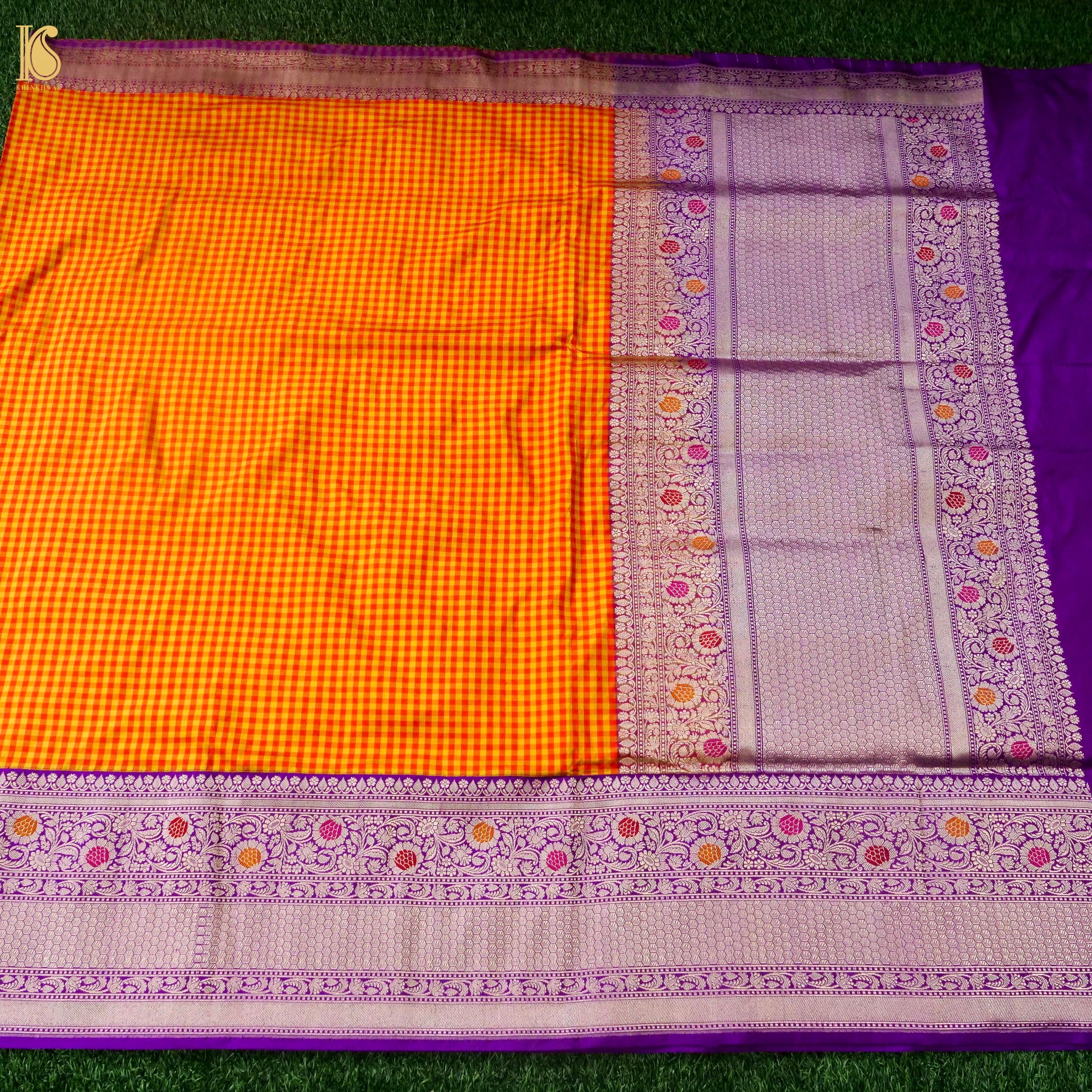 Pure Katan Silk Kadiyal Charkhana Meenakari Border Banarasi Saree in Yellow Orange