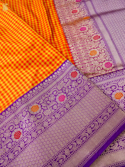 Pure Katan Silk Kadiyal Charkhana Meenakari Border Banarasi Saree in Yellow Orange