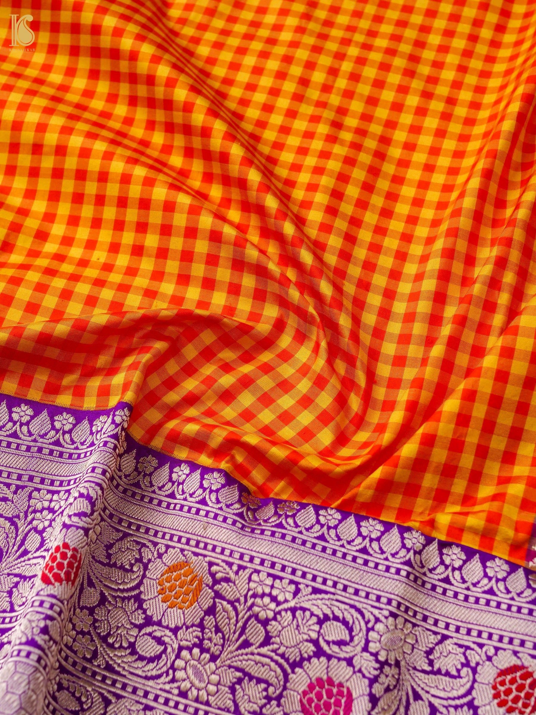 Pure Katan Silk Kadiyal Charkhana Meenakari Border Banarasi Saree in Yellow Orange