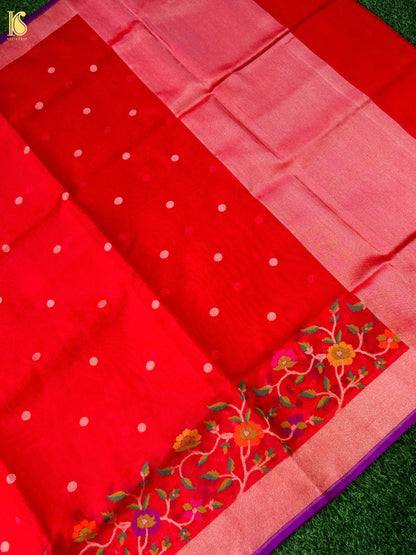 Banarasi Kora Silk Ektara Jamdani Saree in Tomato Red