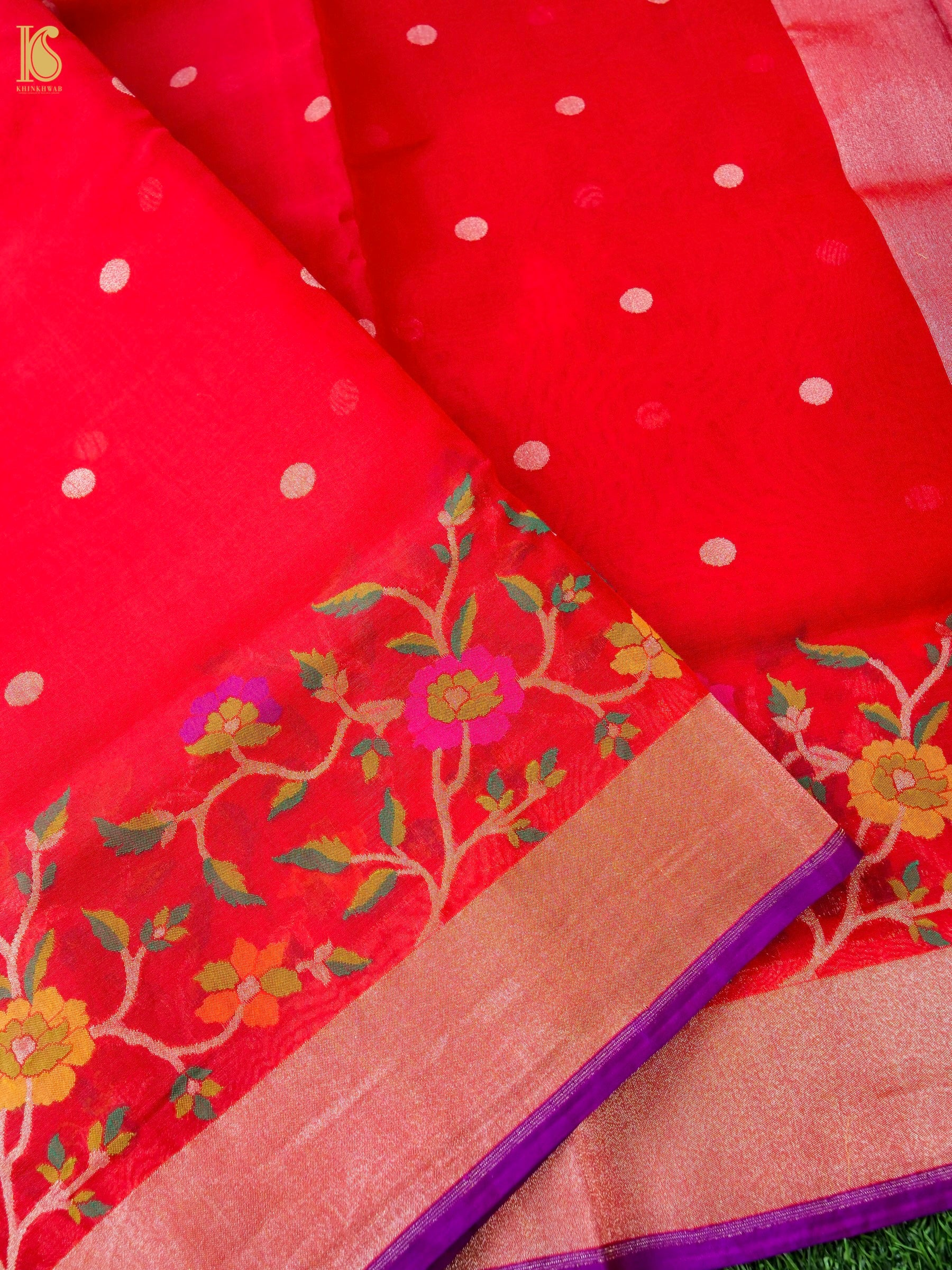Banarasi Kora Silk Ektara Jamdani Saree in Tomato Red