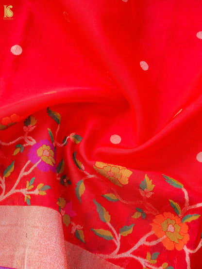 Banarasi Kora Silk Ektara Jamdani Saree in Tomato Red