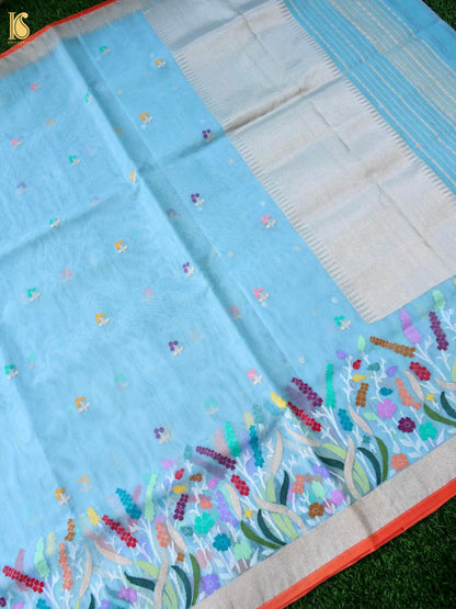 Banarasi Kora Silk Ektara Jamdani Saree in Sky Blue