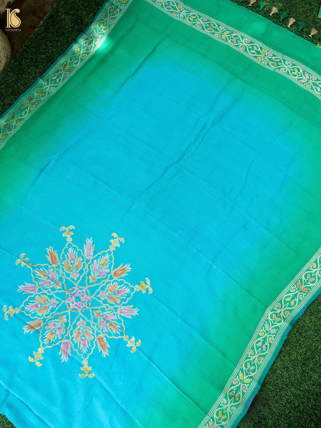 Handwoven Banarasi Chiniya Silk Dupatta in Aqua Green - Noor
