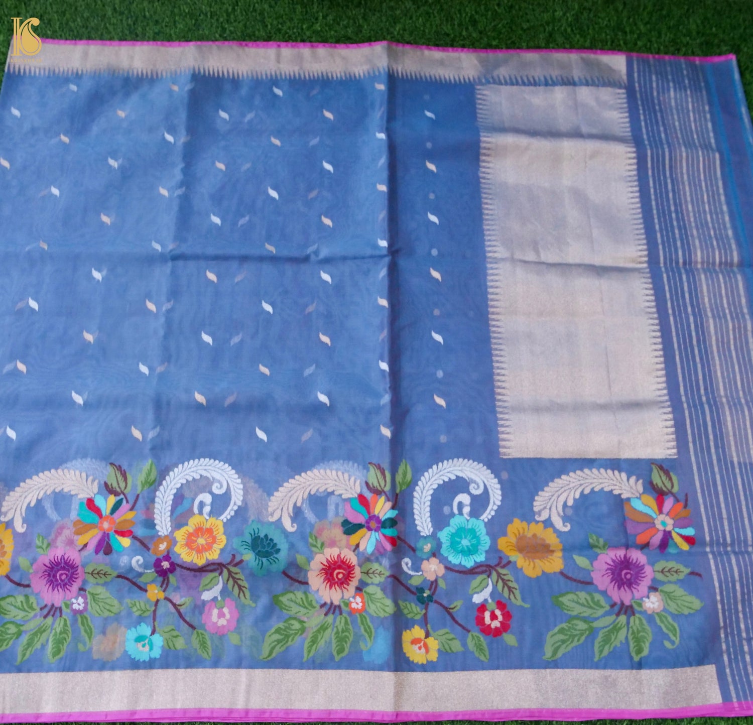 Banarasi Kora Silk Ektara Jamdani Saree in Steel Blue