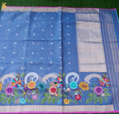 Banarasi Kora Silk Ektara Jamdani Saree in Steel Blue