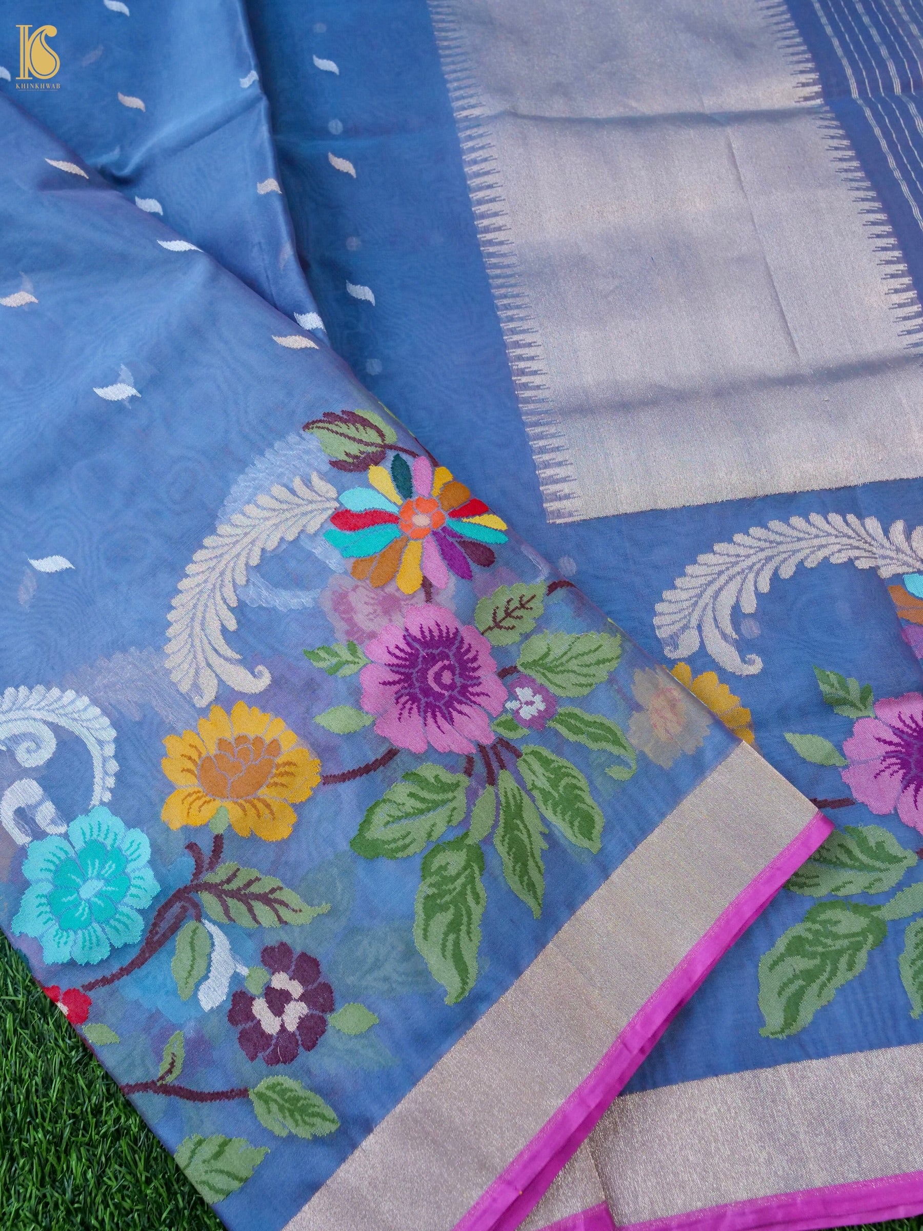 Banarasi Kora Silk Ektara Jamdani Saree in Steel Blue