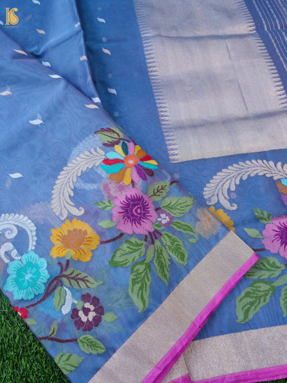 Banarasi Kora Silk Ektara Jamdani Saree in Steel Blue