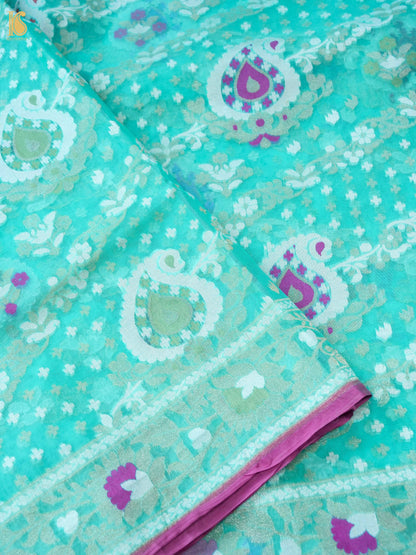 Banarasi Kora Silk Jamdani Saree in Sea Green