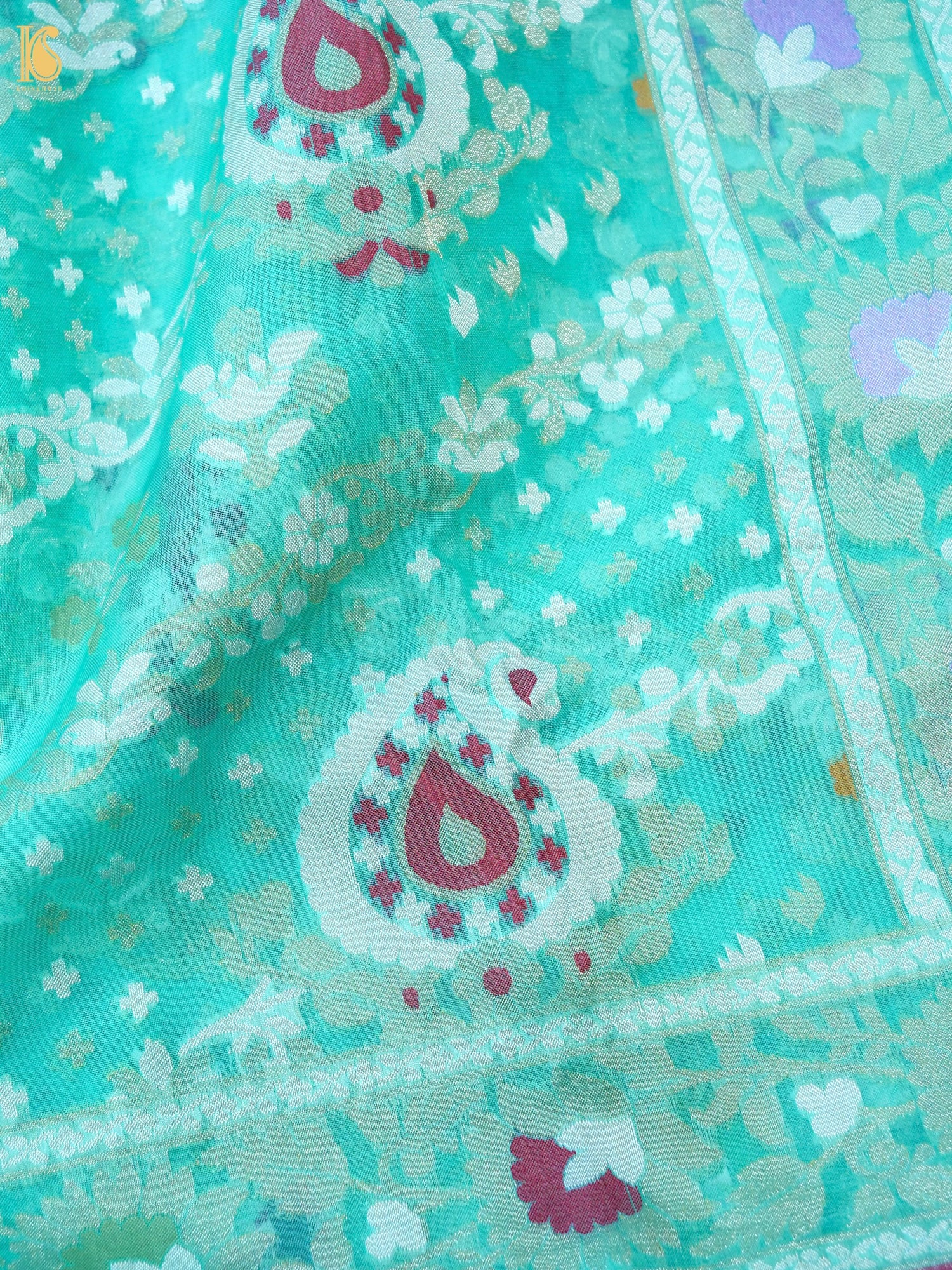Banarasi Kora Silk Jamdani Saree in Sea Green