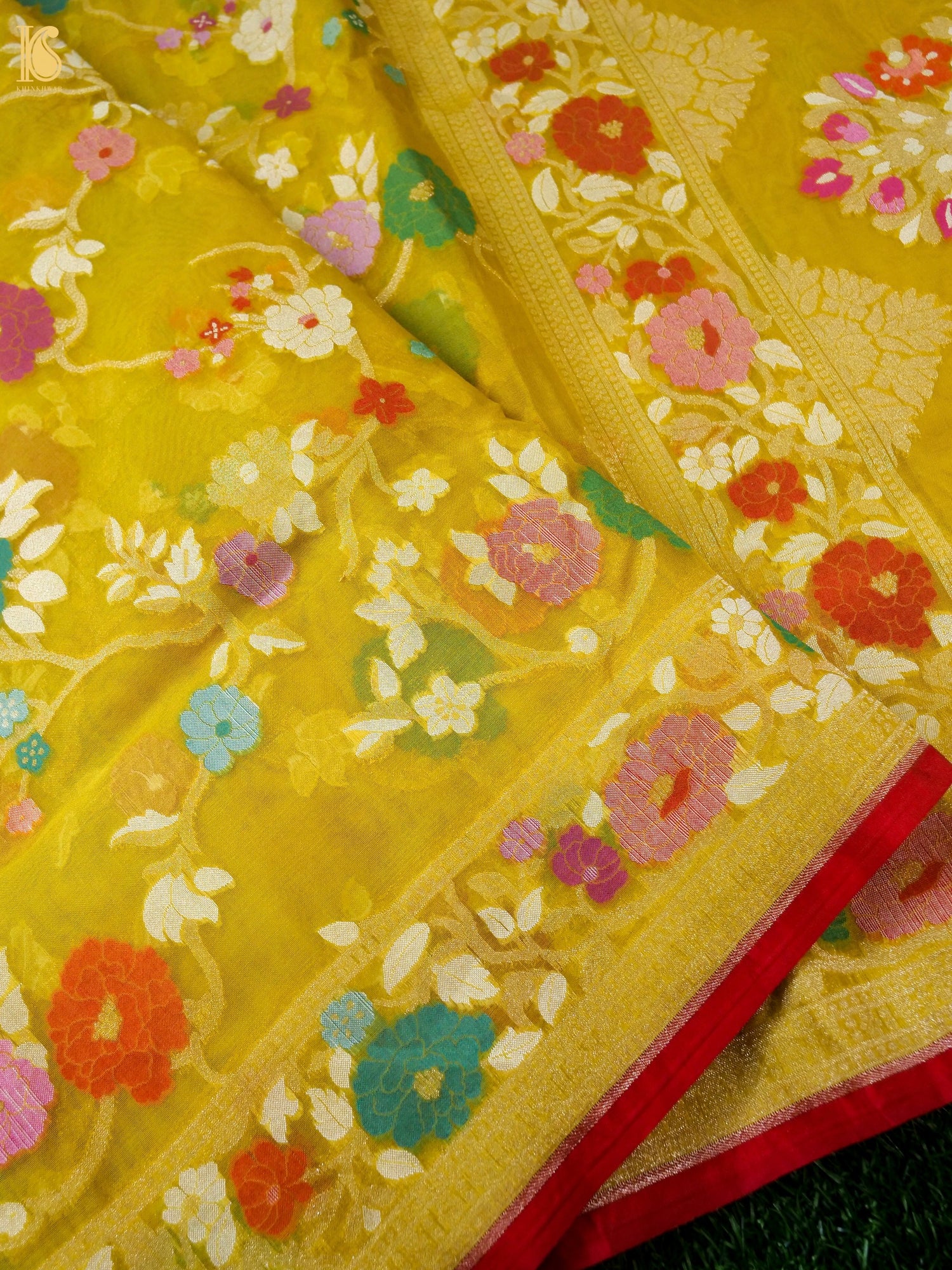 Banarasi Kora Silk Jamdani Saree in Mustard Yellow