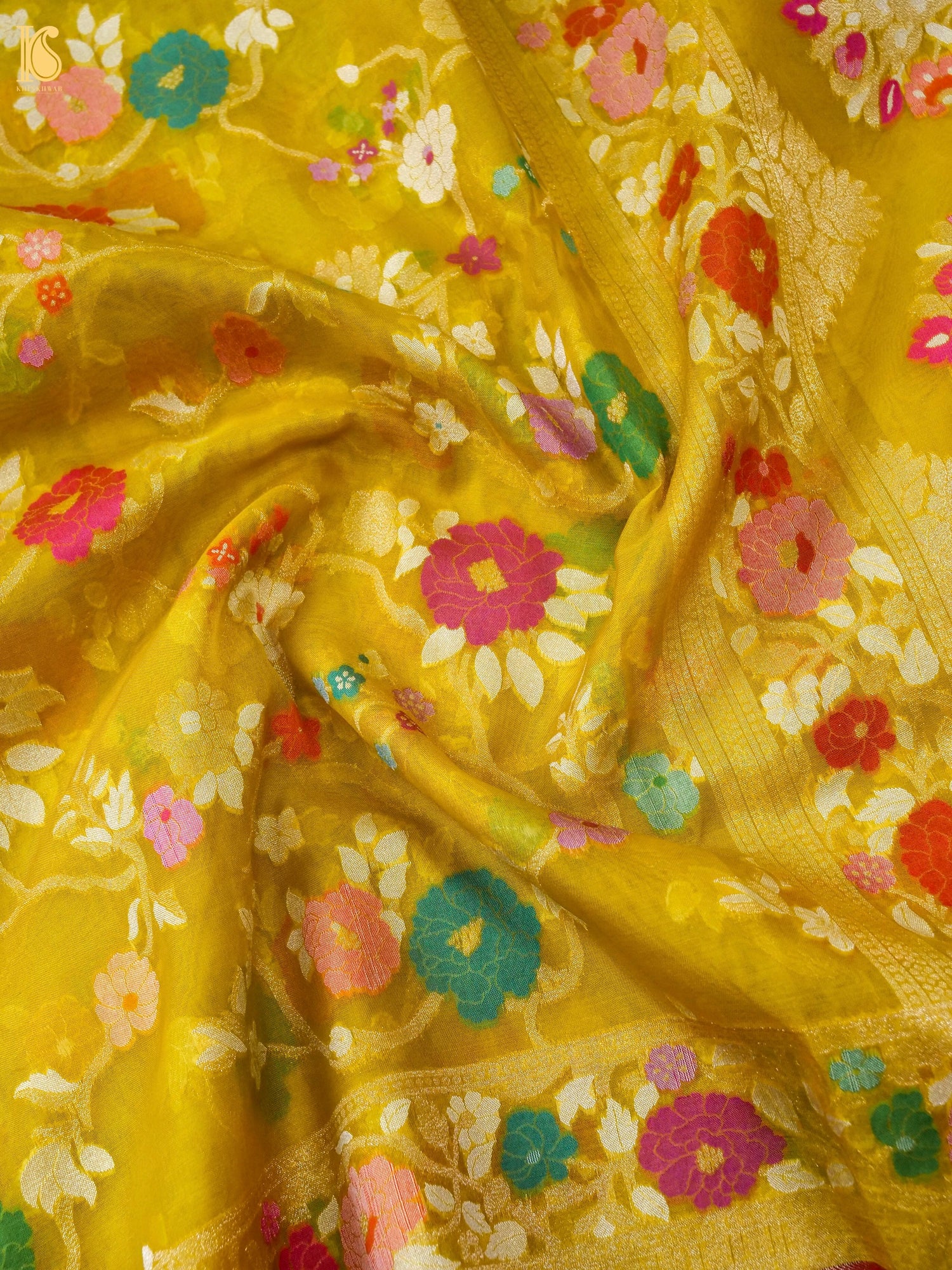 Banarasi Kora Silk Jamdani Saree in Mustard Yellow