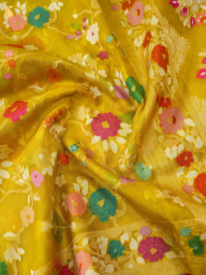 Banarasi Kora Silk Jamdani Saree in Mustard Yellow