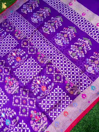 Banarasi Kora Silk Jamdani Saree in Violet Purple