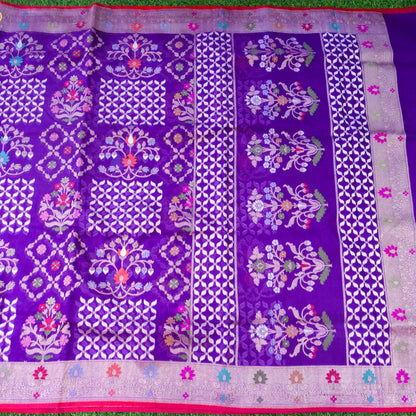 Banarasi Kora Silk Jamdani Saree in Violet Purple