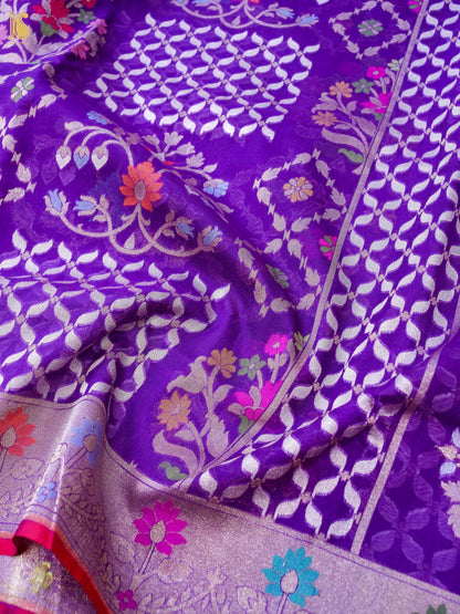 Banarasi Kora Silk Jamdani Saree in Violet Purple