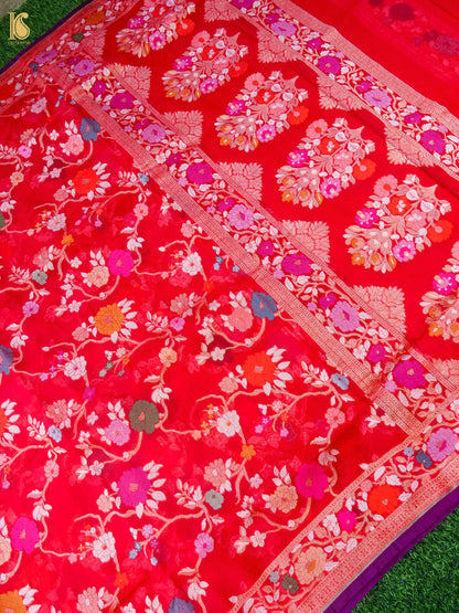 Banarasi Kora Silk Jamdani Saree in Tomato Red