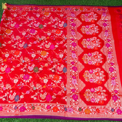 Banarasi Kora Silk Jamdani Saree in Tomato Red