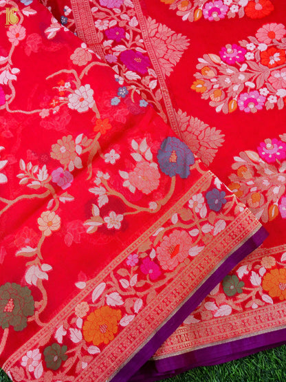 Banarasi Kora Silk Jamdani Saree in Tomato Red