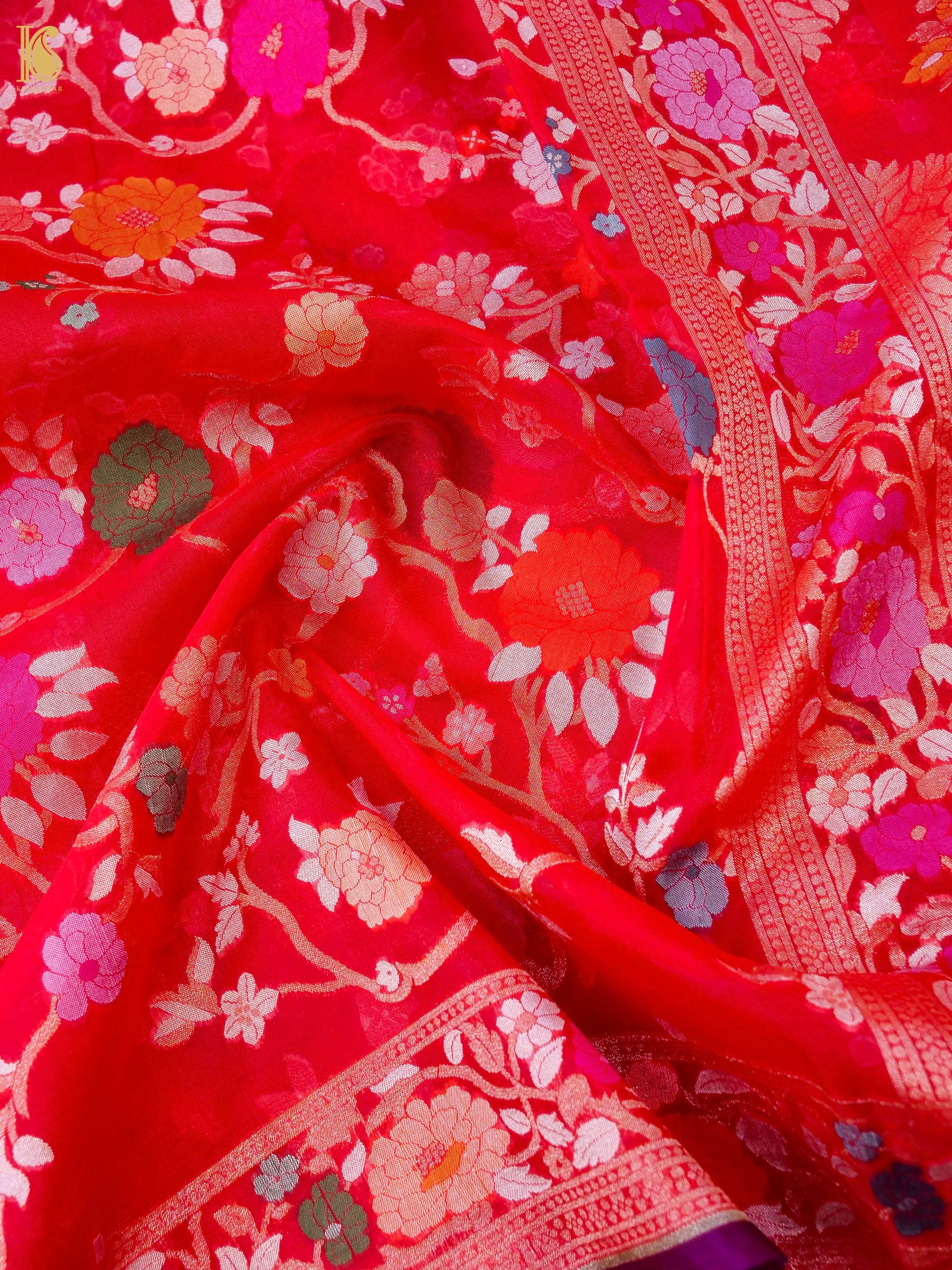 Banarasi Kora Silk Jamdani Saree in Tomato Red