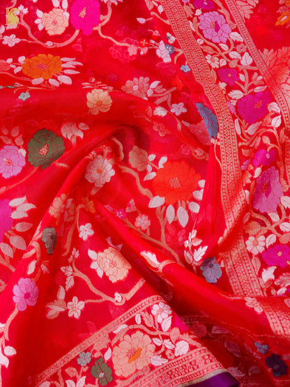 Banarasi Kora Silk Jamdani Saree in Tomato Red