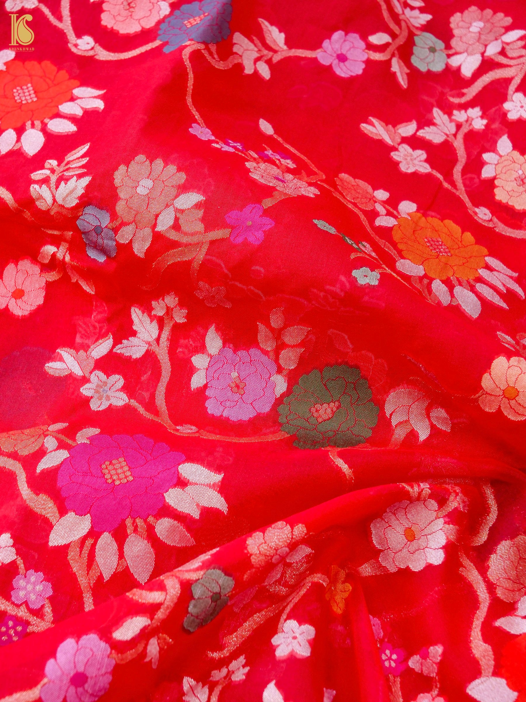 Banarasi Kora Silk Jamdani Saree in Tomato Red