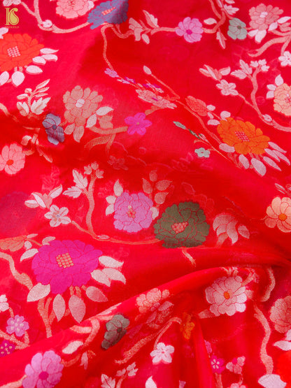 Banarasi Kora Silk Jamdani Saree in Tomato Red