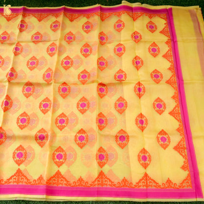 Handwoven Banarasi Organza silk saree in butter yellow with intricate kora work, crafted by Khinkhwab.