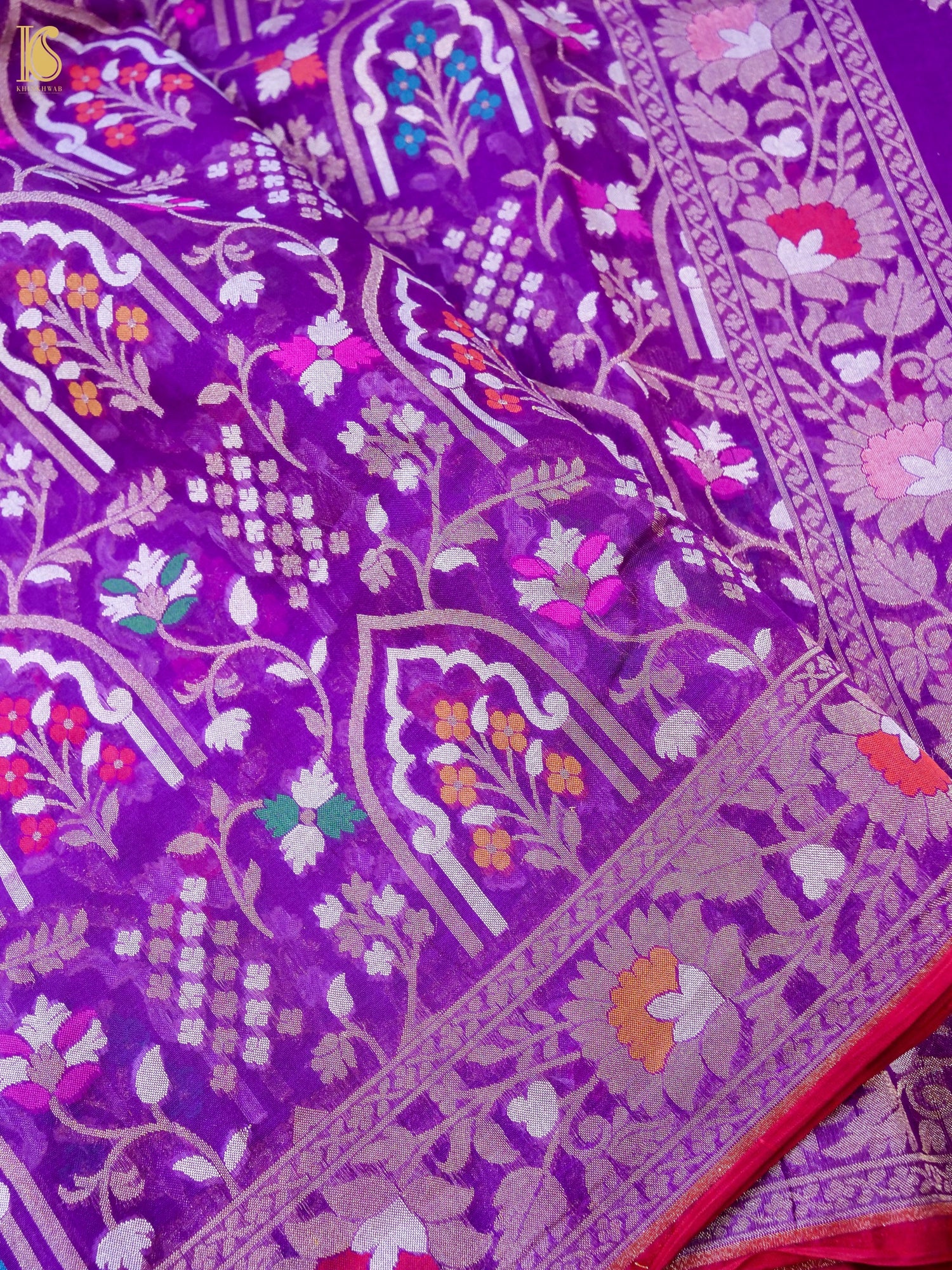 Banarasi Kora Silk Jamdani Saree in Magenta Purple