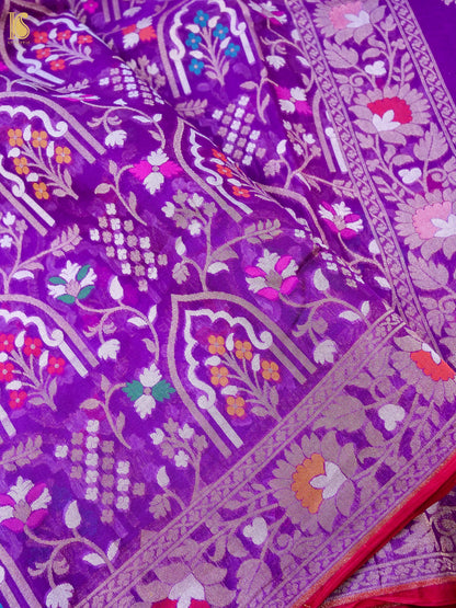 Banarasi Kora Silk Jamdani Saree in Magenta Purple